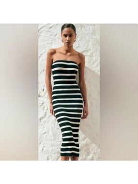 H&M Strapless Black and White Striped Midi Dress
